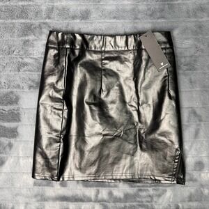 Lulus Black Vegan Leather Mini Skirt High Waisted Side Slit XS NWT